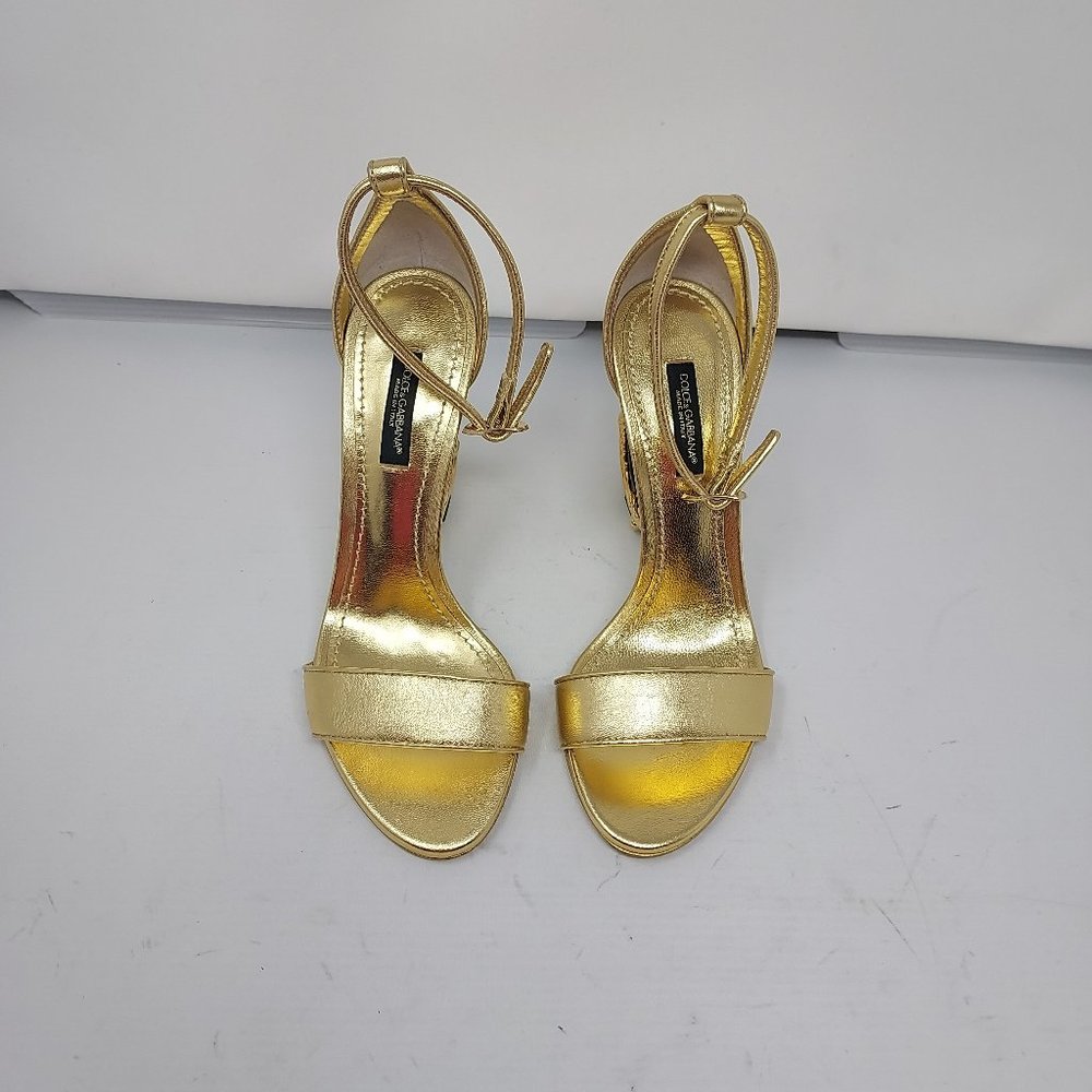 DOLCE&GABBANA Sculpted-Heel Metallic Leather Sandals - Picture 5 of 10